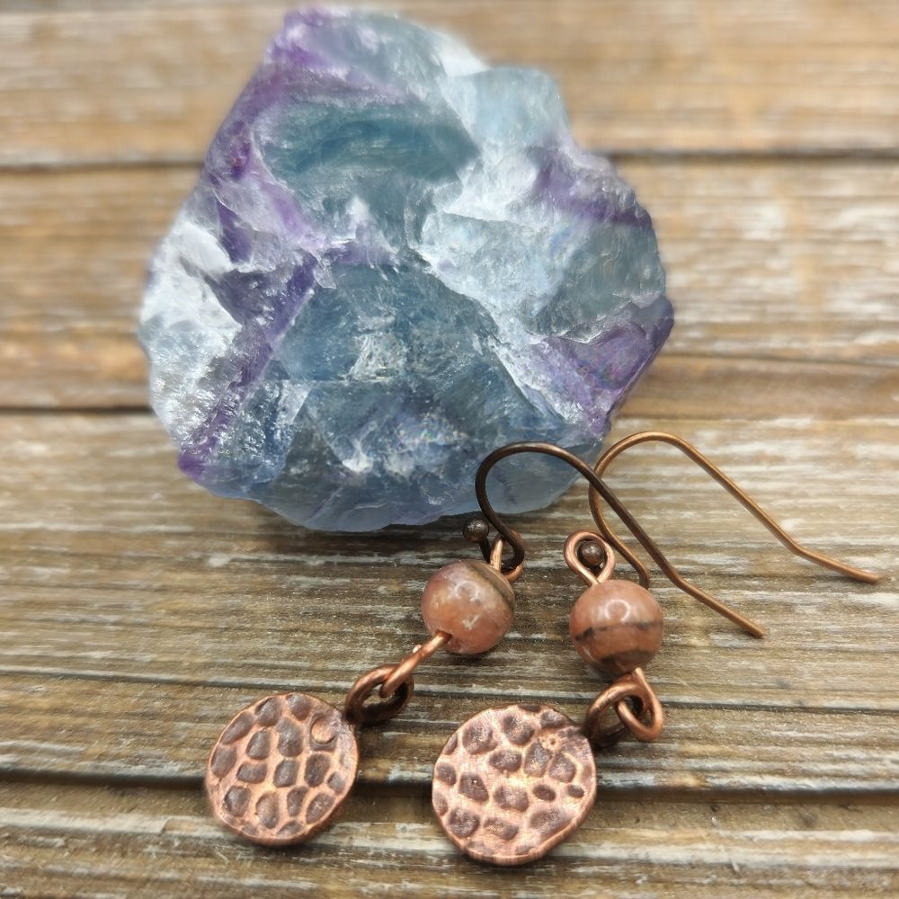 Rhodochrosite and Copper Drop Earrings
